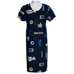 Vintage Kowah Large Midi Length Dress Tropical Nautical Blue Linen Short Sleeve